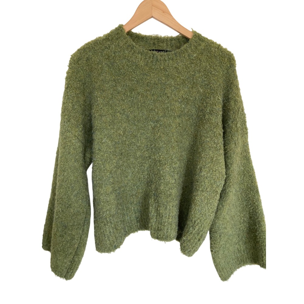 1.STATE Womens Moss Green Fuzzy Boucle Bell Sleeve Wool Blend Sweater 5054225 M